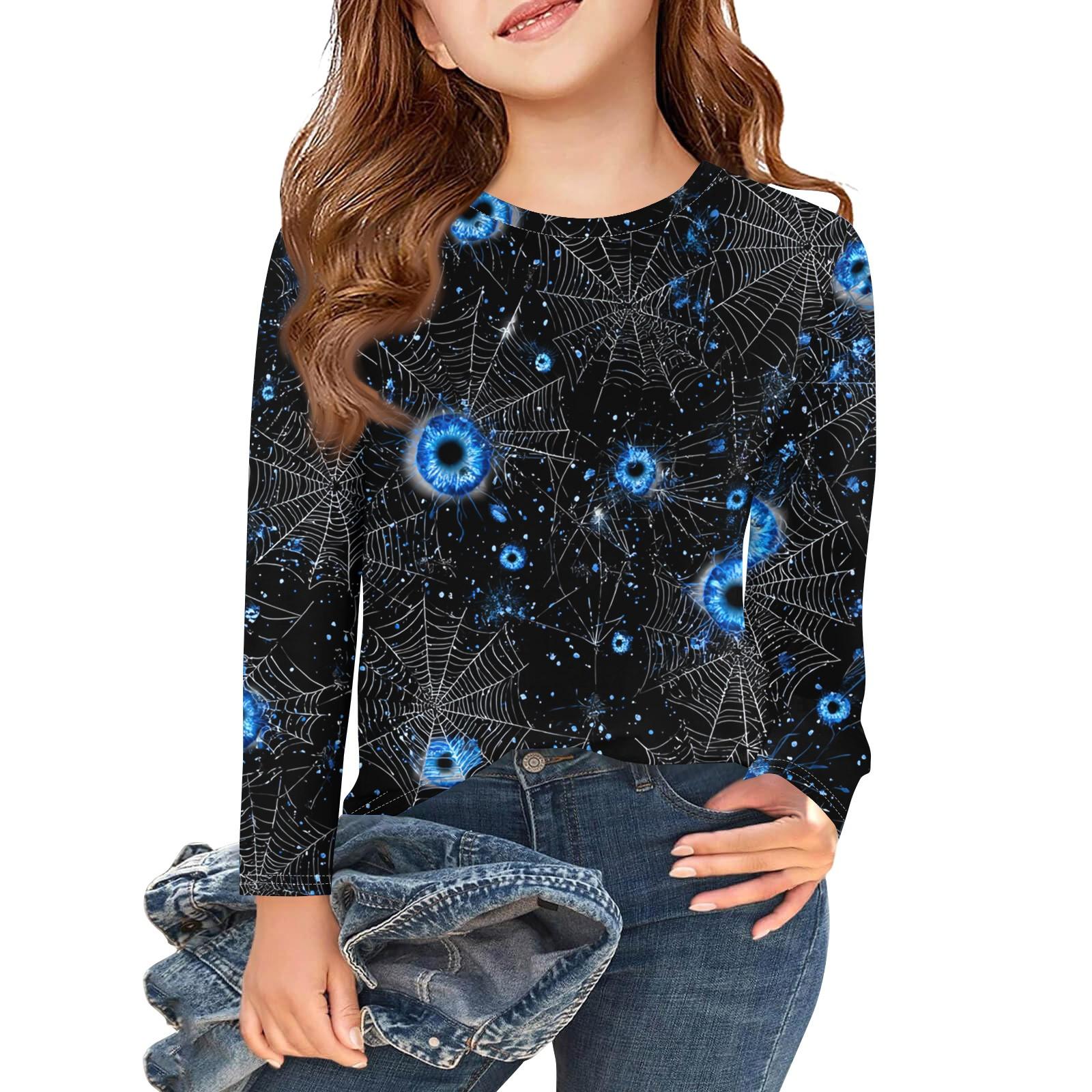 

Girls Long Sleeve T Shirts Kids Fall Tops Crewneck Halloween Printed Basic Tees 3-9Y 110 синій