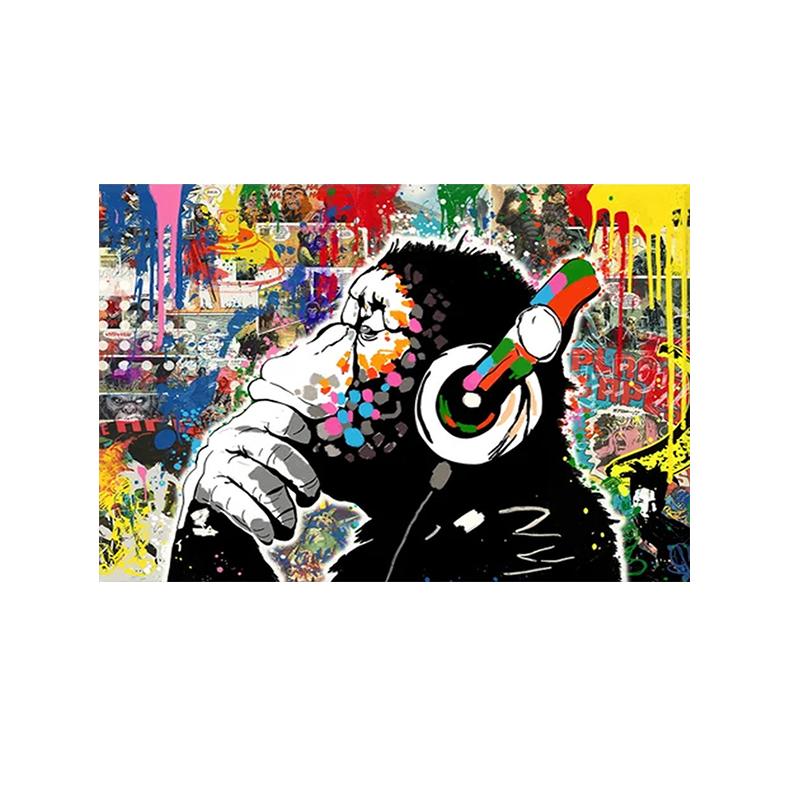 Modern Graffiti Art Animal Poster Print Trend Gorilla Monkey Listening To Music Canvas Painting  for Living Room Home Wall Decor