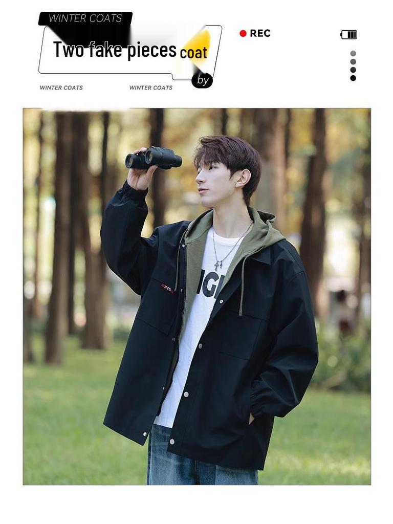 JSEN 2025 Unisex Hooded Mountaineering Jacket - Autumn Wear-Resistant Fake Two-Piece Outdoor Outerwear