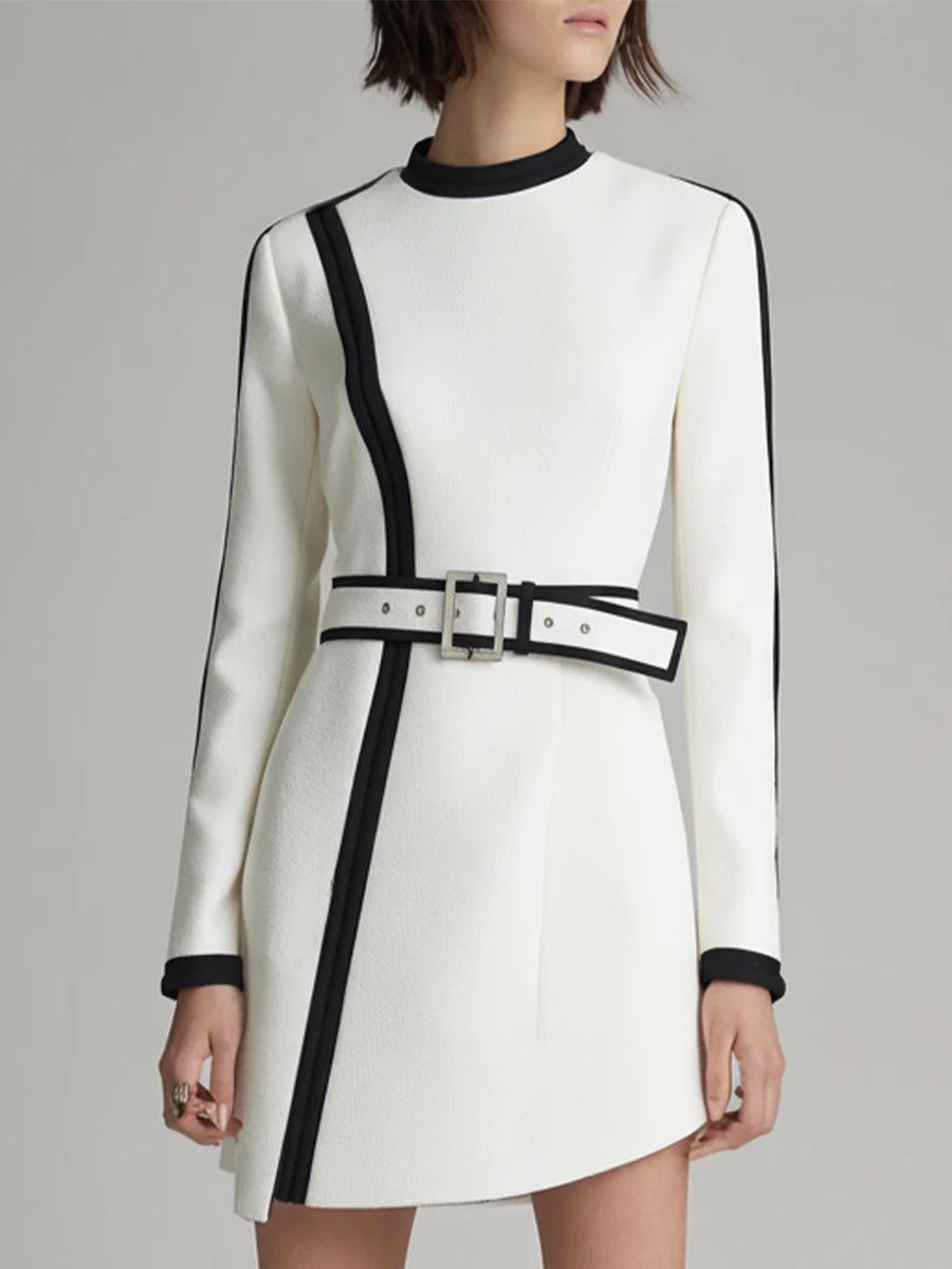 2025 European Women s Autumn/Winter Color Block Belted Long Sleeve Urban Dress Small белый
