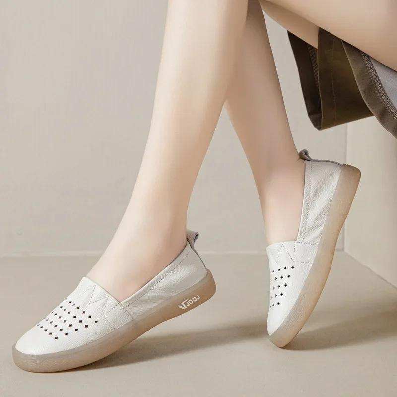 Fujin 2.5cm Genuine Leather Slip on Ladies Summer Elegance Comfy Soft Soled Luxury Ethnic Woman Shallow Moccasin Flats Shoes