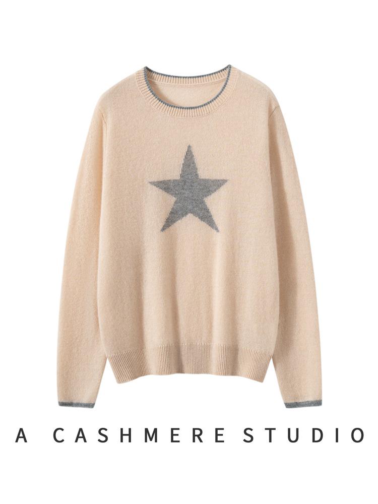 100% Pure Cashmere Color Block Round Neck Sweater with Five-Star Pattern - Simple and Versatile Design for Autumn/Winter