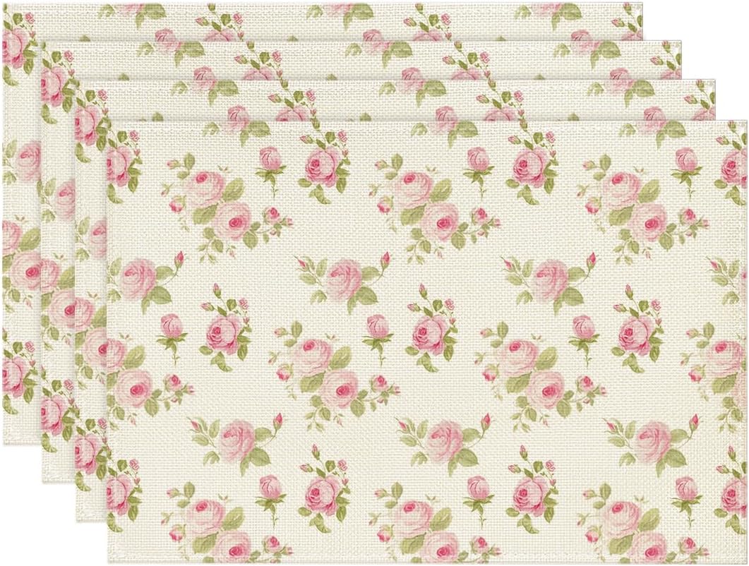 

Floral Rose Spring Placemats Set of 4, 12x18 Inch Seasonal Summer Holiday Pastoral Table Mats for Party Kitchen Dining Decoration 4pcs-12x18