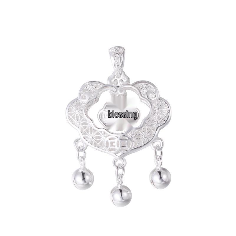 Sterling Silver Filigree Fu Character Pendant: Chinese-Style Longevity Lock for Women and Babies 999 Solid Silver