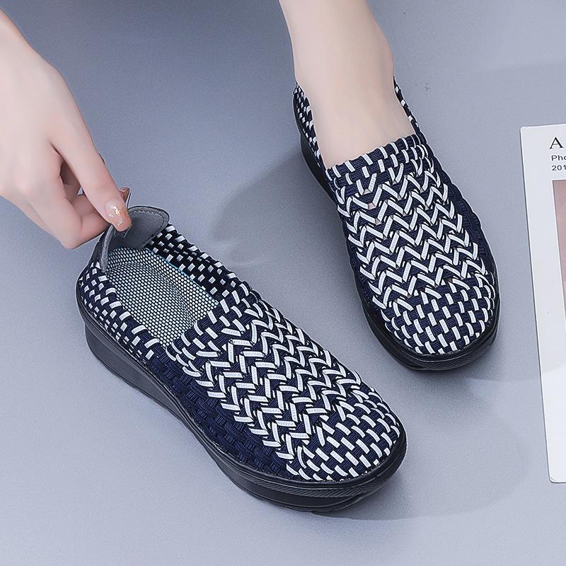 Lady Summer Breathable Slip on Beach Shoes Women Casual Platform Elevator Braided Blue White Sneakers Plus Size