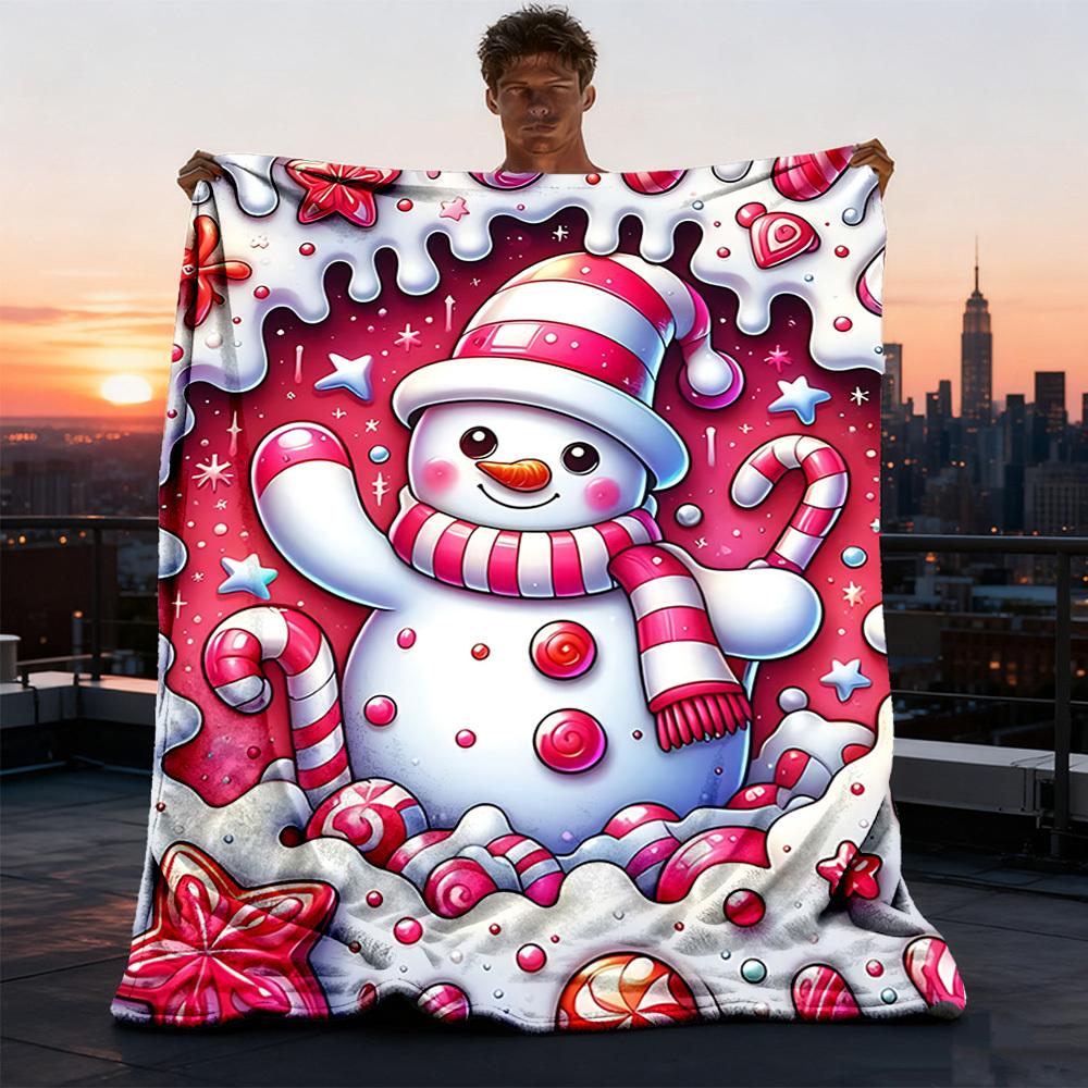 1pc Candyland Snowman Throw Blanket Polyester Fiber, Lightweight Flannel, Soft & Warm, All Season Use for Outdoor, Camping