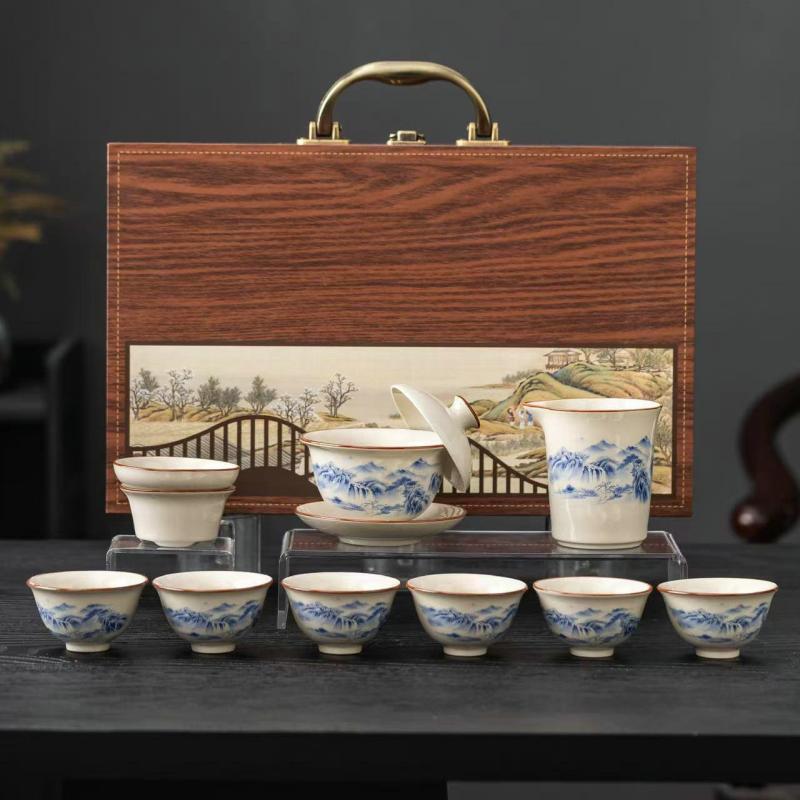 Retro Ceramic Kung Fu Tea Set - Thousand Li of Rivers and Mountains Design