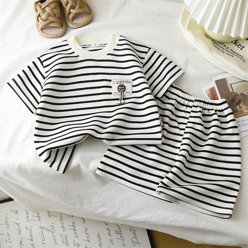 2026 Summer Children O-Neck Short Sleeve T-Shirt Suits Baby Spring Short Pants Two-pieces Set Stripe Cotton Suit for Girl Boy