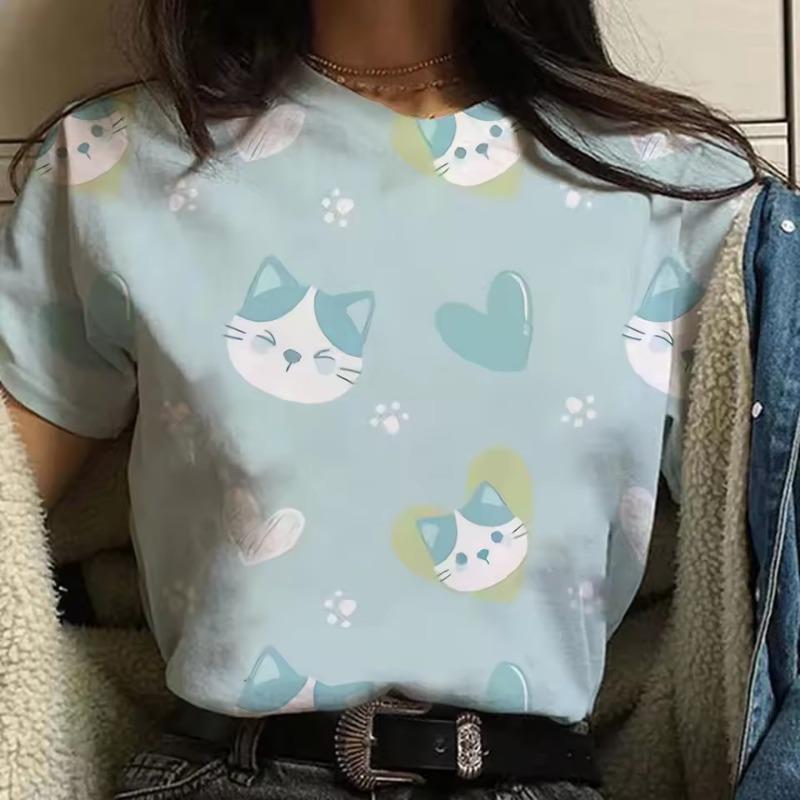 3D-tryckt söt djur-t-shirt för kvinnor roliga kattgrafiska t-shirts sommarmode överdimensionerade t-shirts kortärmade toppar med rund hals