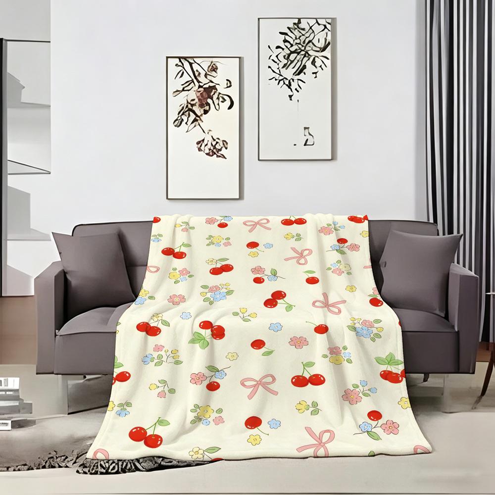 Art Illustration C-Cherry Floral Bow Throw Lightweight 240g Flannel Blanket Soft Skin-friendly for Summer Cooling