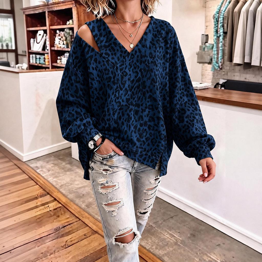 Damen Freizeit Sweatshirt mit Leopardenmuster, V-Ausschnitt, langen Ärmeln, lockerem Schnitt und One-Shoulder-Ausschnitt