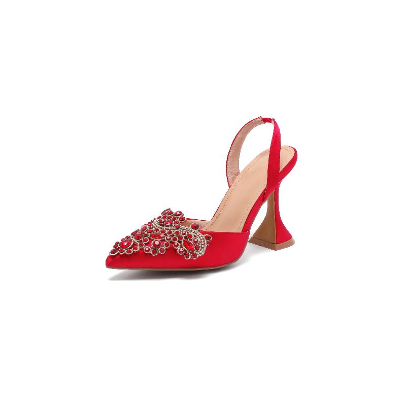 Spring And Summer Women's High Heel Wedding Shoes Pointed Rhinestone Wine Glass Heel Sandals With Empty Back Shoes
