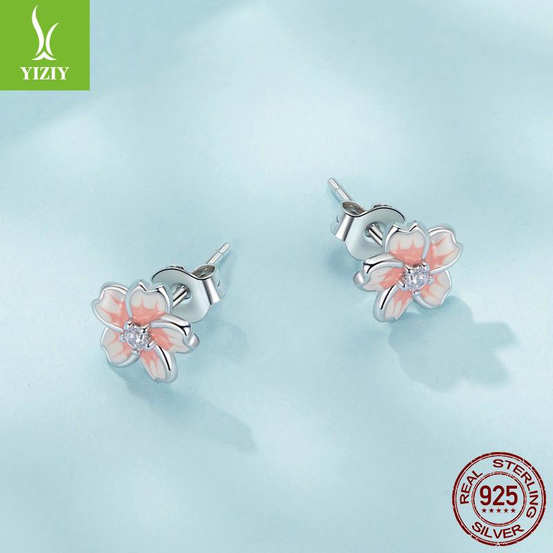 Pink Gradual Change Cherry Blossom Stud Earrings, Romantic Flower S925 Sterling Silver Exquisite Earrings Birthday Gift