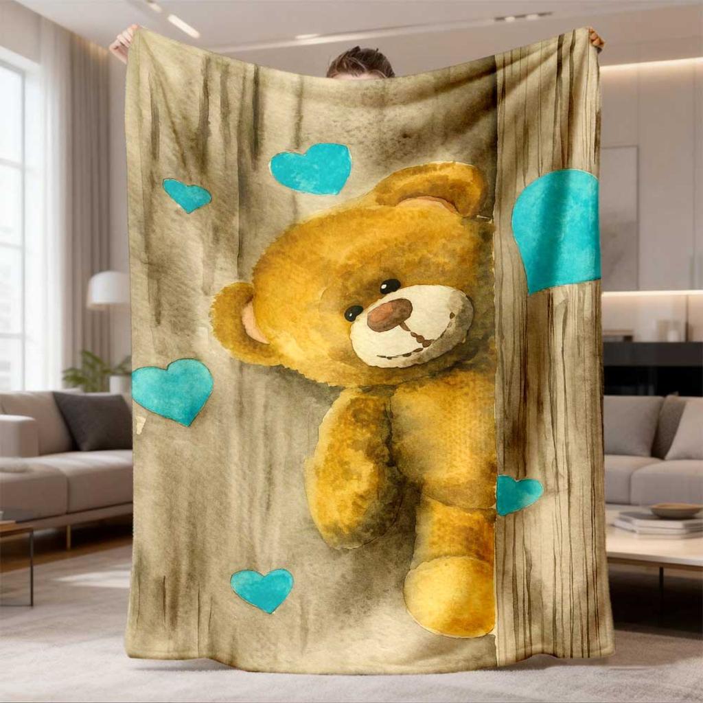 2026 Latest Flannel Blanket 1pc Cozy Teddy Bear Flannel Throw Blanket with Blue Hearts Soft, Warm, and Adorable Design for All Seasons, Perfect for Co