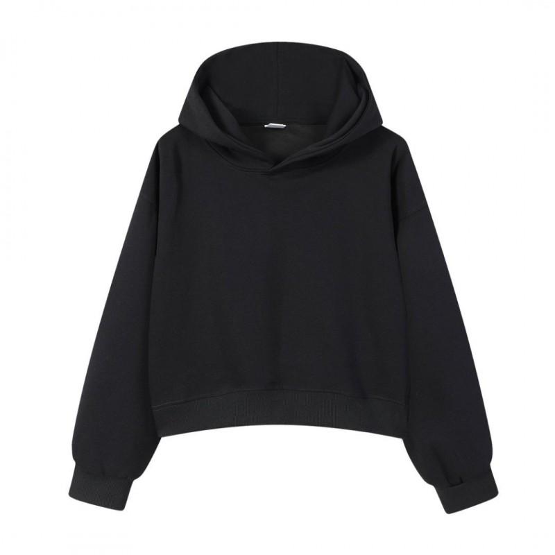 Korean Style Womens Short Hooded Zip-Up Cotton Blend Sweatshirt Loose Fit Winter Casual Top