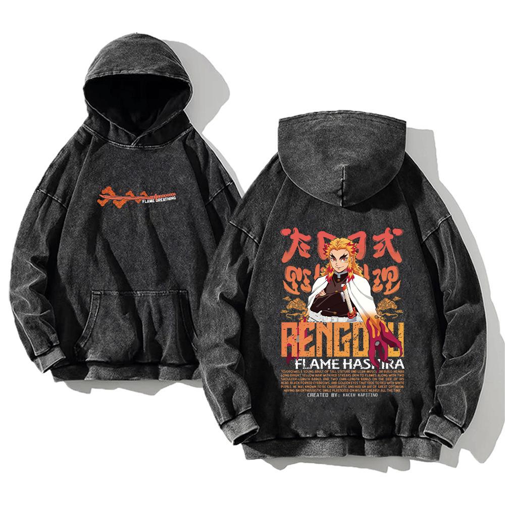 Demon Slayer Printed Hoodies Shinazugawa Sanemi Anime Men Women Cotton Sweatshirts Vintage Washed Oversized Casual Streetwear