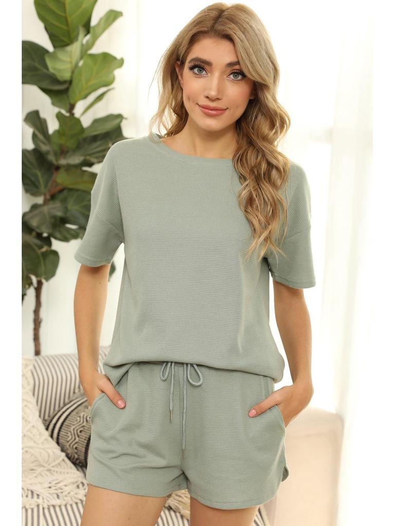 2024 Dámska ležérna dvojdielna súprava z vafľovej pleteniny: Top s krátkym rukávom a šortky