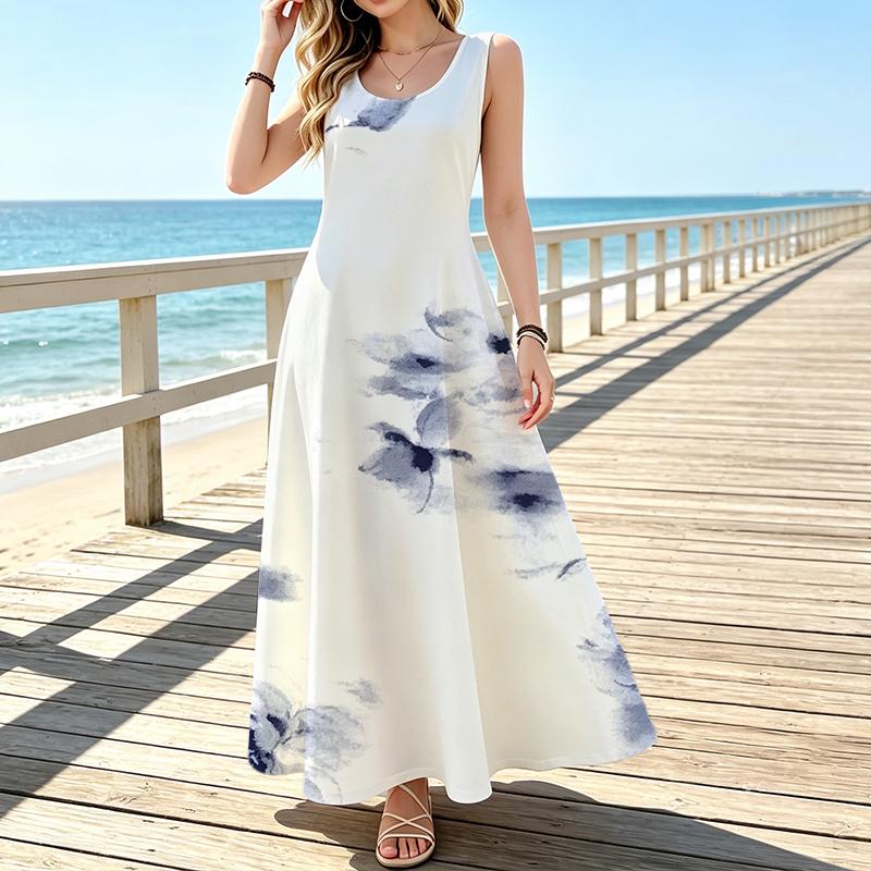 Vintage Chinese Ink Flower Motif U-Neck Sleeveless Long Gown, Lightweight Summer Travel Attire