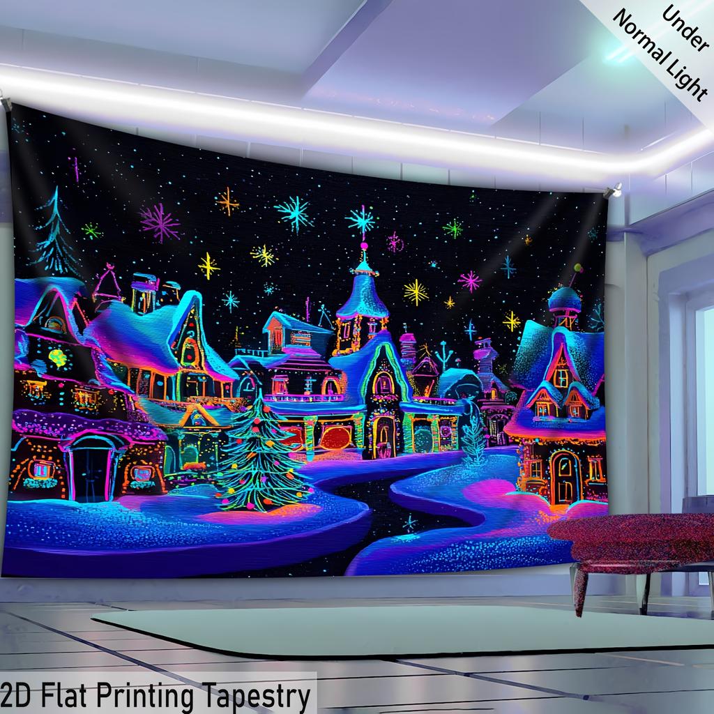 Christmas Dreamy Snow Fluorescent Tapestry Outer Space Polyster UV BlackLight Tapestry, Wall Hanging For Living Room Bedroom Office Home Decor