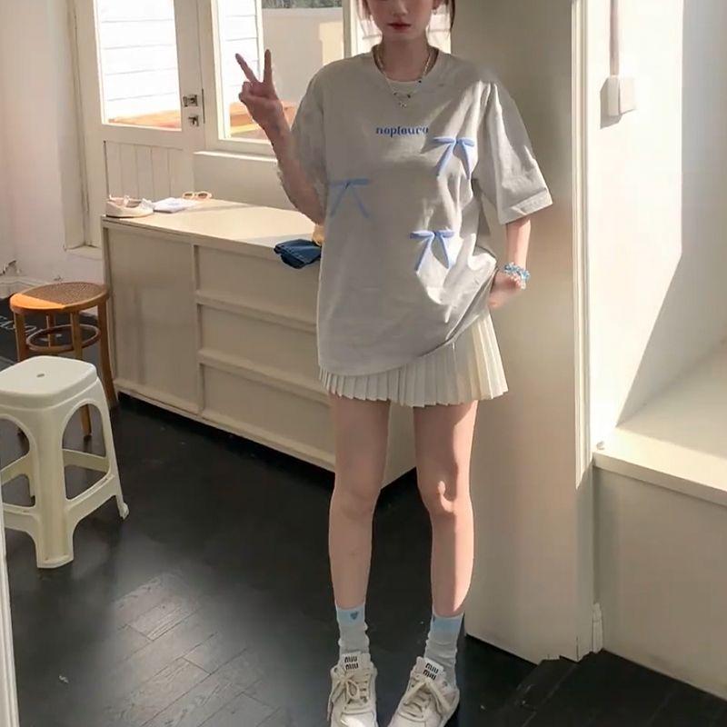 Aesthetic Vintage Short Sleeve T-shirt Women Summer Bow Elegant Loose Oversize Fashion Tops Female Grey Fashion Design Casual Pullover
