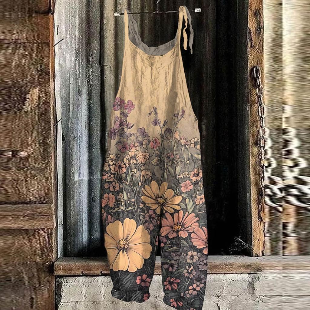 Women's Jumpsuit Floral Print Casual Loose Vintage Shoulder Strap Cotton Linen