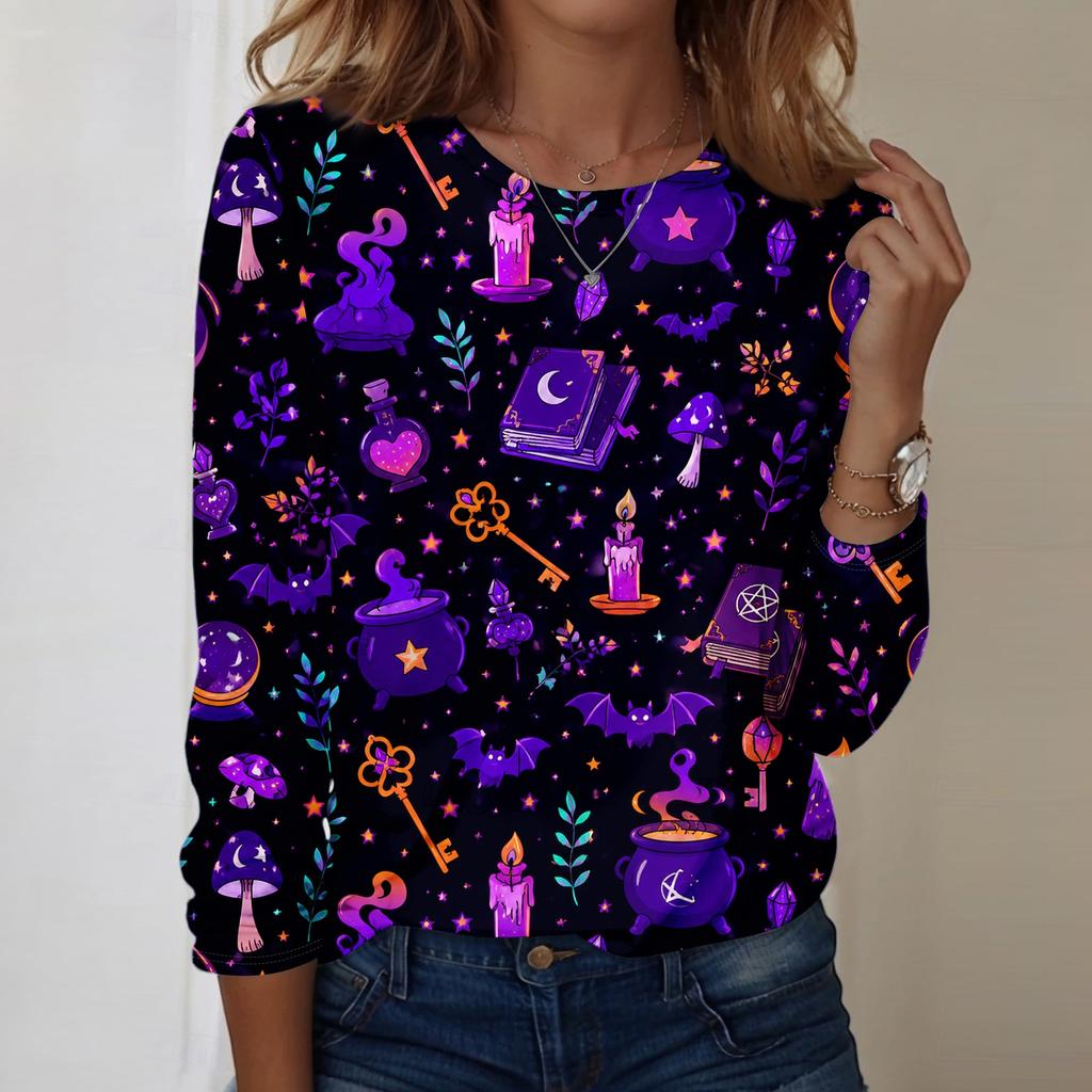 Women Long Sleeve Casual Pullover Sweatshirt Halloween Pumpkin Print Round Neck Top Lightweight Comfortable Fit