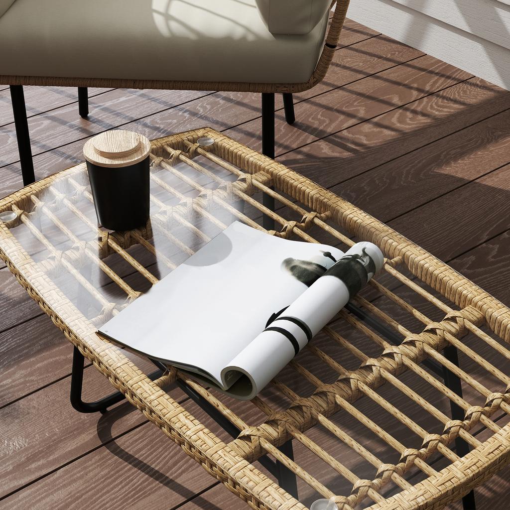 Poly Rattan Garden Table, 90 X 50 X 45 Cm, UV-Resistant Side Table with Glass Top Natural Wood