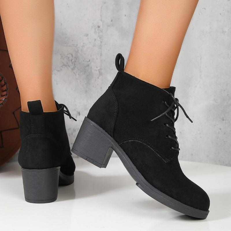Fall New Style Chunky Size-large British Style Marten Boots for Women with Round Toe and Suede Mid-heel Short Boots