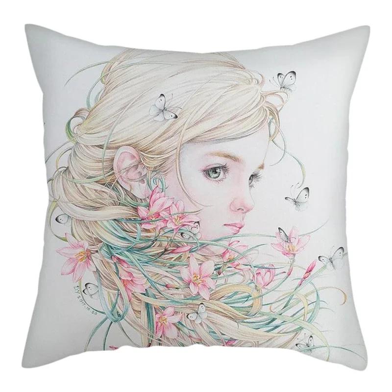Abstract Flower Girl Painting Picture Cushion Cover Polyester Pillows Cover For Home Sofa Decorative Throw Pillowcase 45X45Cm