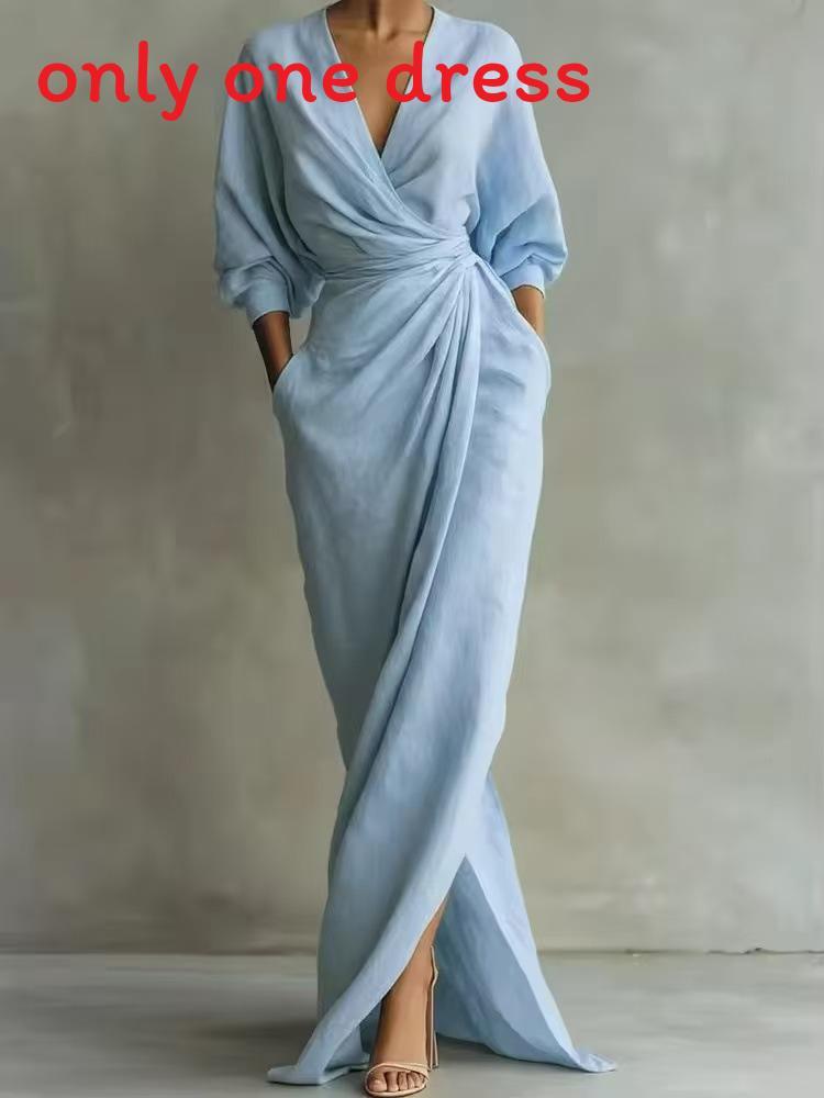 Spring Summer V Neck Waist Tshirt Dress With Slit For Vacation Travel