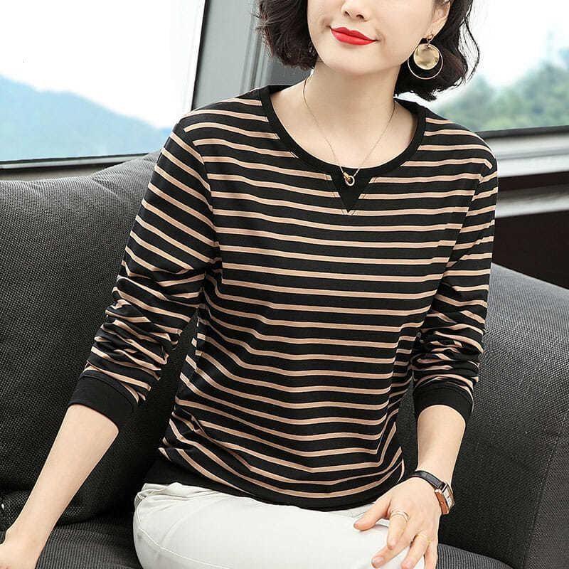 Long Sleeve Stripe Tee Women Middle Age Mom Spring Autumn Casual Base Layer Wearable Top