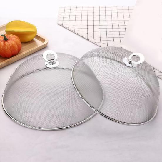 Reusable Food Net Cover for Parties Stainless Steel Mesh with Handle, Round Portable Fine Protector Outdoor Events Protector, Durable Guard Dishes And