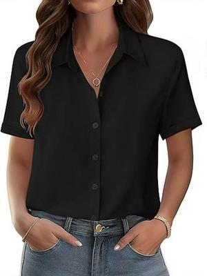 Women's Retro Slim Solid Color Lapel Short Sleeve Shirt for Spring/Summer 2026