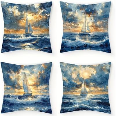 Sailboats On Ocean Sunset  Clouds Design Pattern Cushion Cover Suitable For Sofa Bedroom Car Pillow Cover