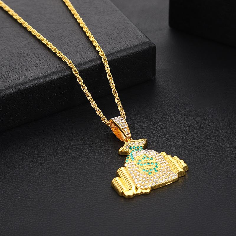 Hip Hop Ice Out Dollar Money Bag Necklace Shiny Cubic Zirconia Wallet Pendant For Men Women Hip Hop Rock Rap Cool Jewelry