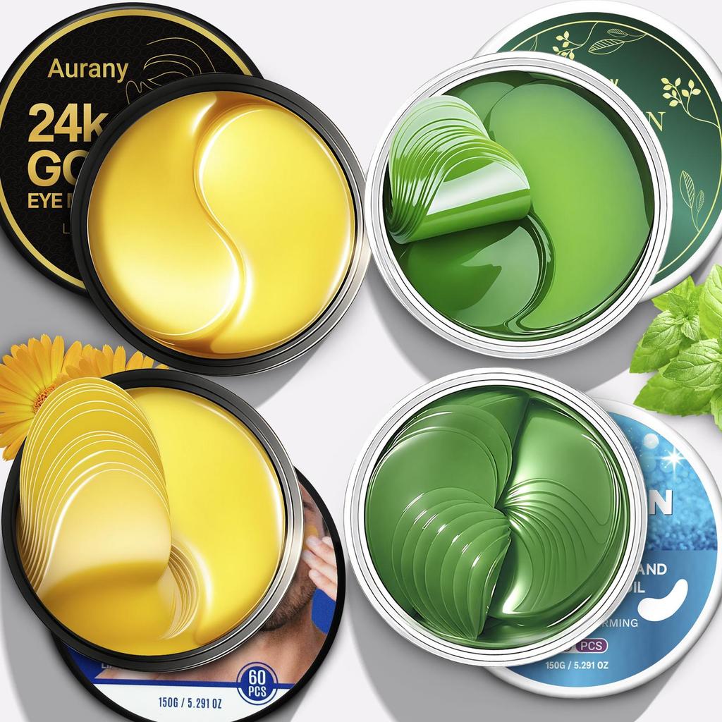 24K Gold Eye Mask & Green Collagen Gel Under Eye Mask, Hyaluronic Acid Eye Patches For Dark Circles, Fine Lines, Puffiness, Lift and Firm-60 Pcs