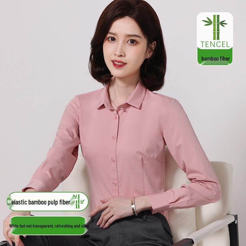 Women's Slim Fit Long Sleeve Bamboo Fiber Anti-Wrinkle White Shirt for Business or Casual Wear