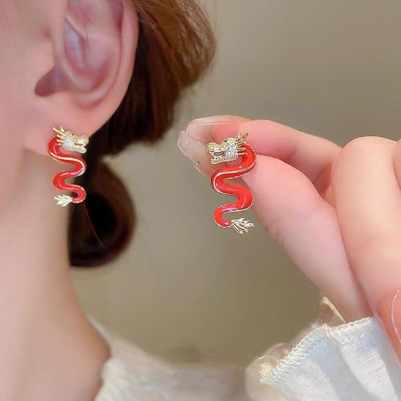 Exquisite Red Dragon Zodiac Earrings for Women – Unique, Trendy Niche Design