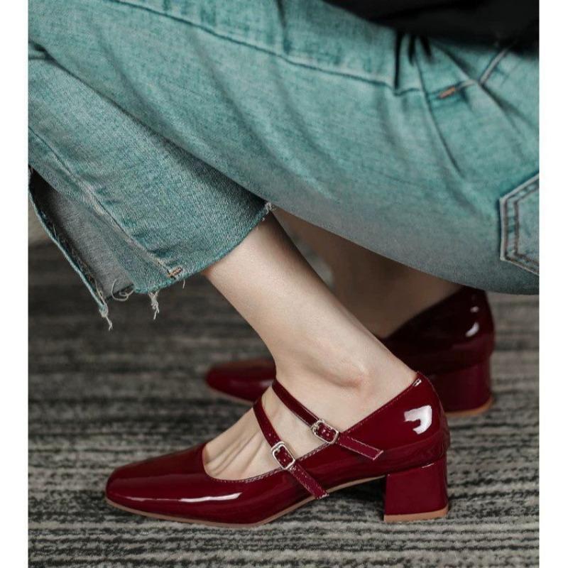 Fashion Spring Autumn Women Double Buckle Mary Janes Shoes Patent Leather Dress Square Head Square Heel Solid Color Women's Pumps