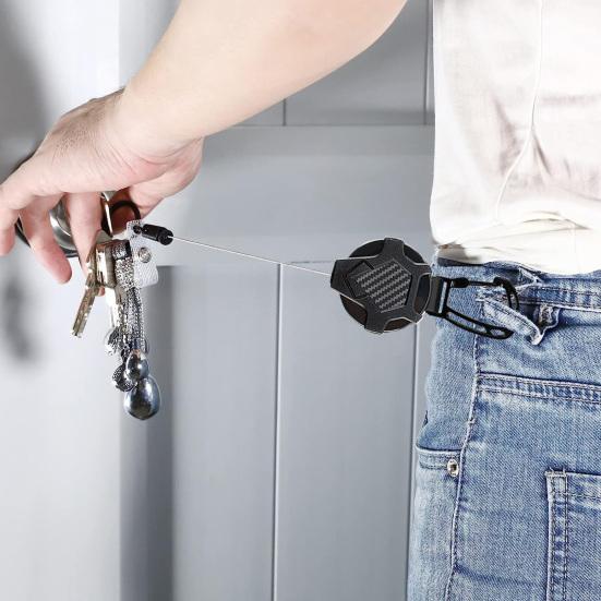 Einziehbarer Schlüsselanhänger mit schlagfestem Drahtseil, taktischer Ausweishalter, robuster Karabiner-Schlüsselanhänger