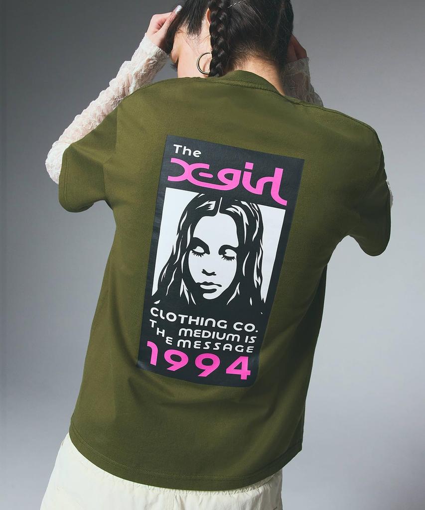 Casual Box Logo and Face Short Sleeve Olive X-girl Tee, Women's,