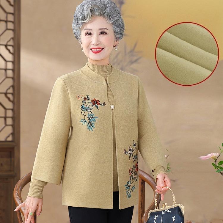 Elderly Autumn Clothing Women Two-piece Suit Mother Mother-in-law Grandma Sweater Cardigan Old Lady Spring and Autumn Embroidered Jacket