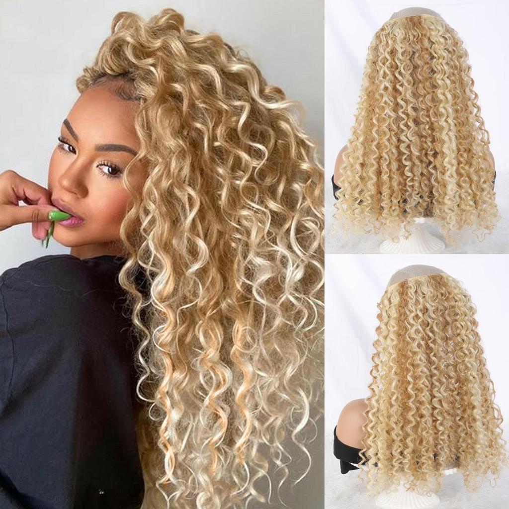 16inch Synthetic Natural Kinky Curly Clip Fish Line Invisible Hair Extensions Mixed Color Blonde Black Brown Artificial False Hair Piece For Women