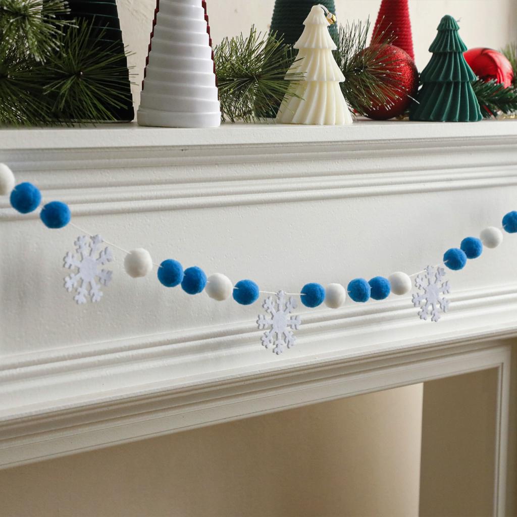 Christmas Snowflake Pom Pom Garland, Blue & White Felt Ball String, Festive Hanging Decor for Xmas Tree, Wall, Fireplace & Party
