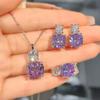 Luxurious Pink Diamond Necklace & Purple Pendant, High Carbon Diamond Earrings, and Ice Flower Cut Ring Gemstone Set for Women