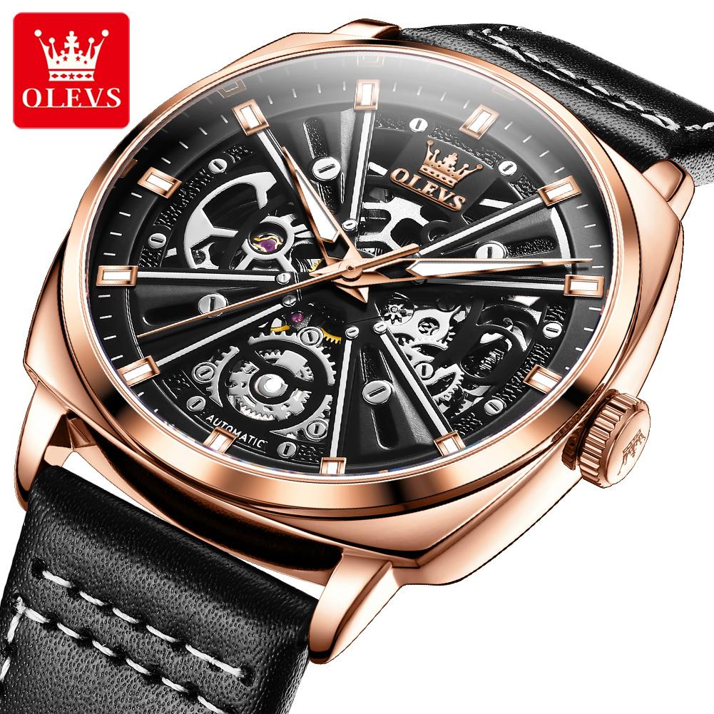 OLEVS 6685 OEM Custom Logo Relogio Luxuriös Skelett Durchbrochen Luminous Sport Echtsleder Automatisch Mechanische Uhr für Mann