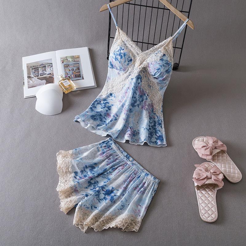 New sexy pajamas women's summer ice silk nightdress suspender shorts loungewear two-piece suit thin Internet celebrity live broadcast