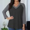 Women's Casual And Fashionable Patchwork V-Neck Top With Seven Quarter Sleeves Top