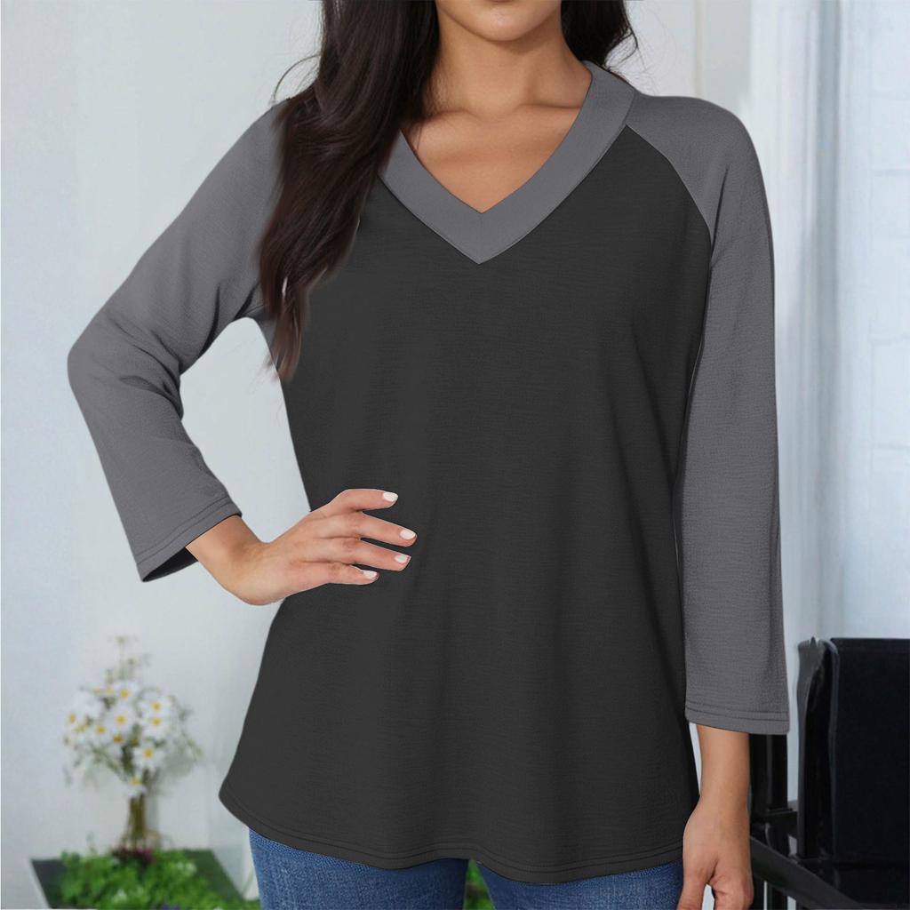 Women's Casual And Fashionable Patchwork V-Neck Top With Seven Quarter Sleeves Top
