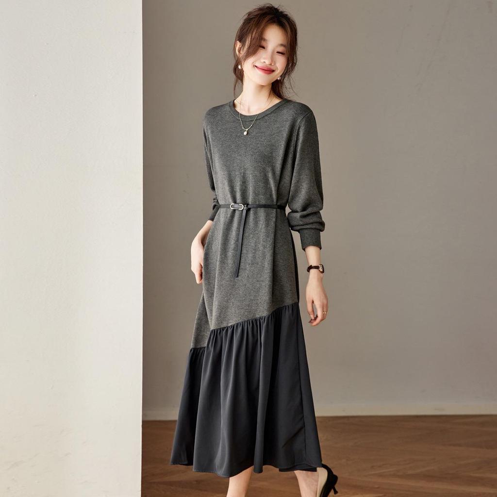 Chic French Patchwork Knit Dress for Women - Autumn/Winter 2025 Slimming Wool Base Layer with Tie-Up Detail